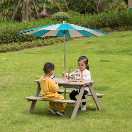 Gardenised Kids Picnic Play Table, Sandbox Table with Umbrella Hole and 2 Play Boxes with Removable Top, Gray QI004476